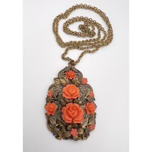 Vintage Huge Czech Faux Coral Celluloid & Brass Pendant Necklace
